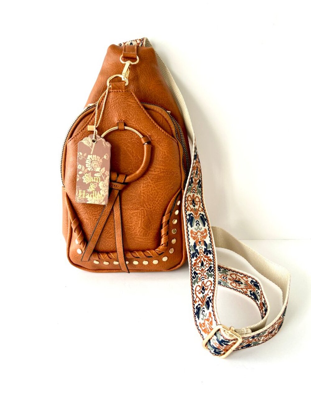 Sam & Hadley Deluxe Sling Backpack Cognac Brown Faux Leather, Studded, BOHO NWT